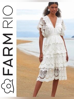 NEW FARM RIO RICHELIEU WHITE LACE TIERED MIDI DRESS NWOT SMALL